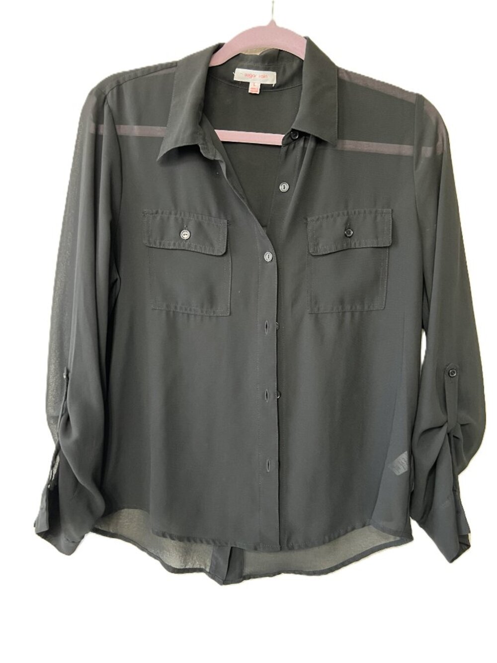 Sugar Rain Women's Black Sheer Button Up Blouse Long Sleeve Button Details